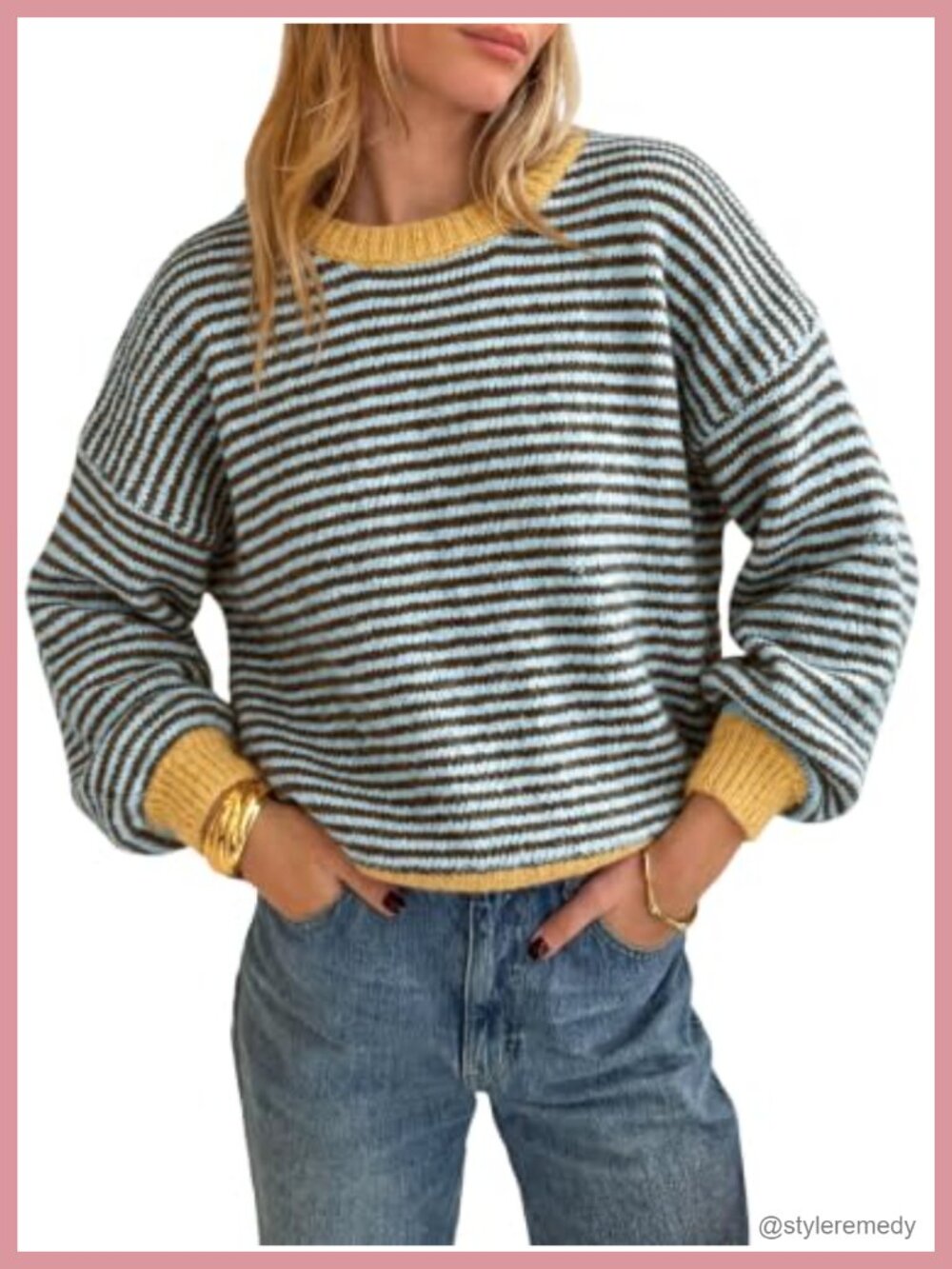 Striped Knit Pullover Sweater - Loose Fit Color Block Long Sleeve Casual